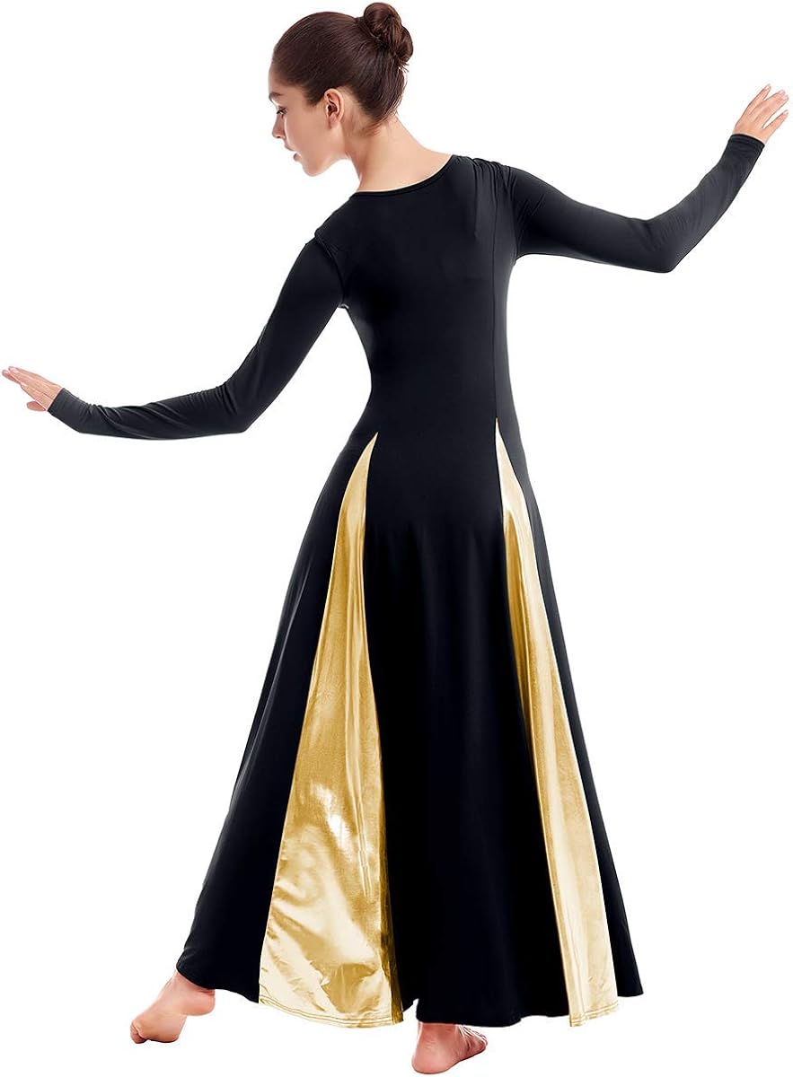 IBAKOM Womens Liturgical Praise Lyrical Dance Dress Loose Fit Full Length Metallic Color Block Long Sleeve Worship Costume: Clothing