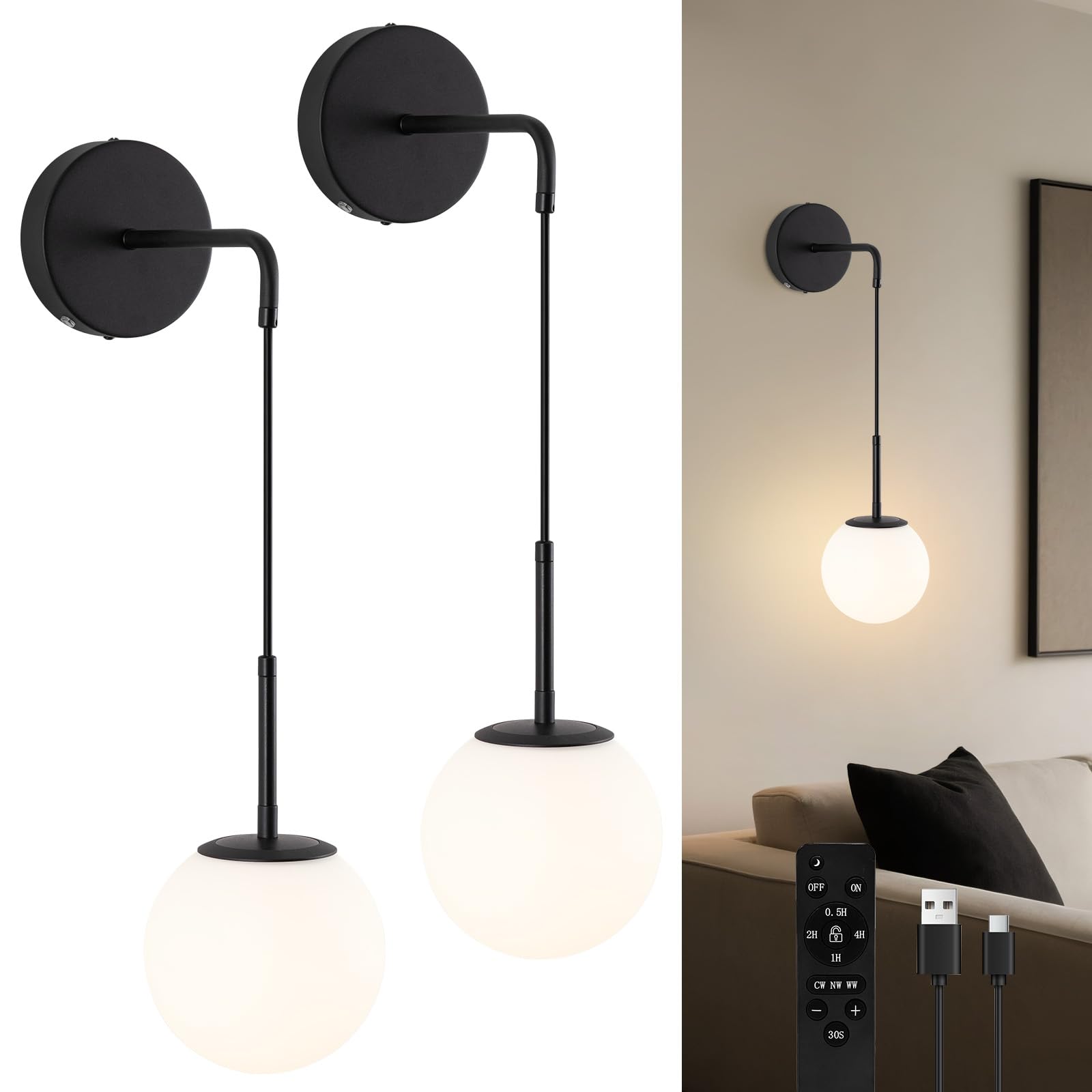 Photo 1 of HLILCEH Battery Operated sconces Set of 2 Glass Globe Rechargeable Black Wall Light Fixture Wireless Wall Lights with Clear Glass Shade for Living Room, Hallway, Bedroom(2 Pack)