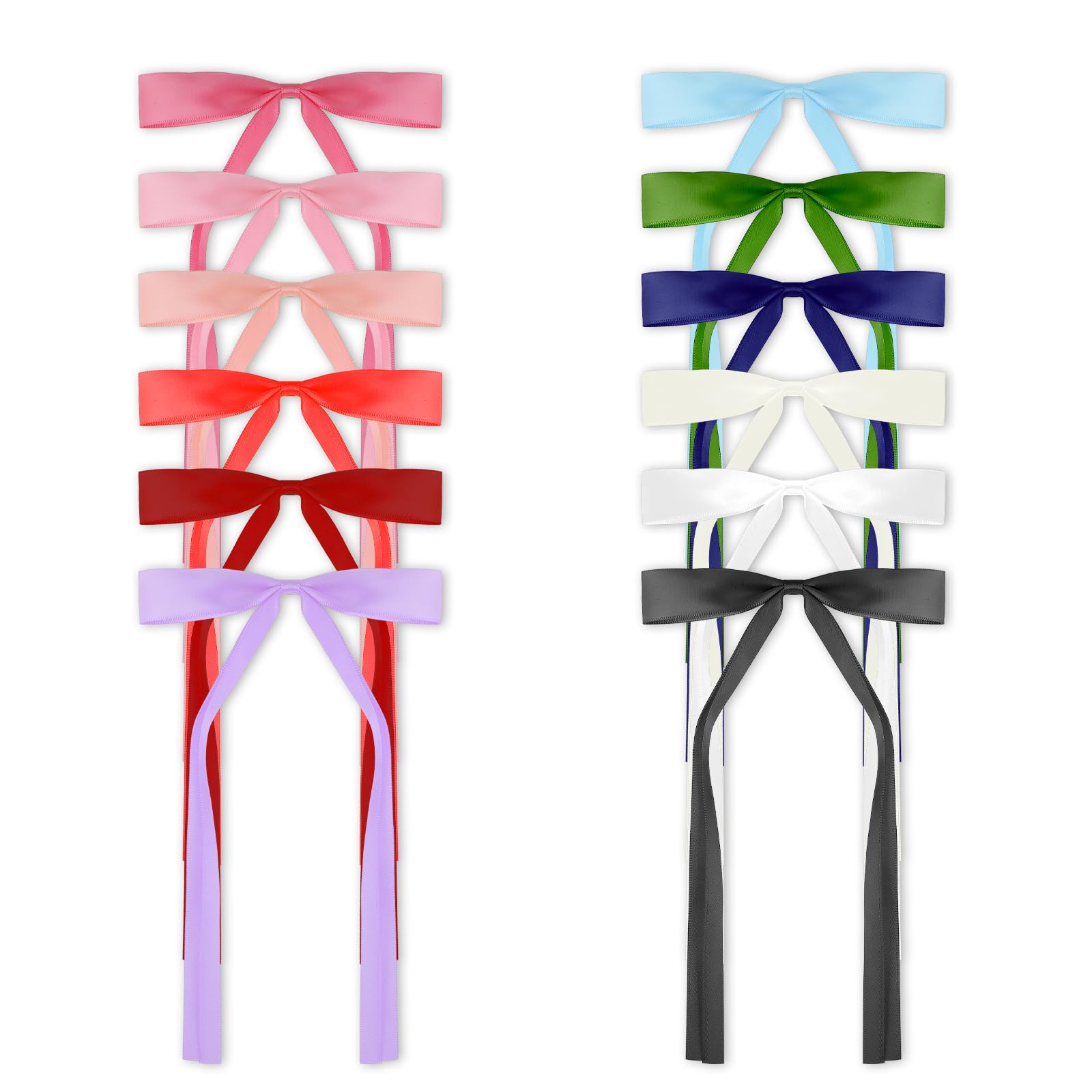 12 PCS Korean Bowknot Hair Clips and Bows With Long Tail - Multicolor Satin Ribbon Tassel Ponytail Holder Barrettes With Metal Spring Clip - Accessories for Women and Girls