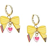 Teacher Earrings for Women Pencil Shaped Bow Hoop Earrings Pencil Heart Dangle Earring Trendy Bow Earrings First Day of school Earrings for Teacher