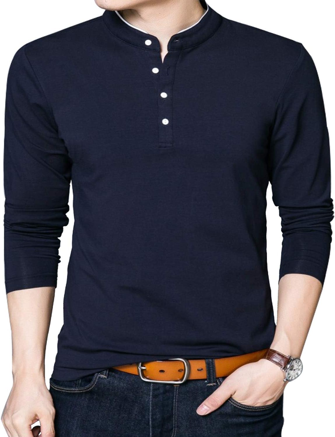 PeaceCake Men's Hipster Mandarin Collar Slim Fit Casual Long Sleeve Polo T Shirts