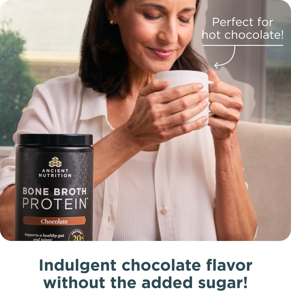Ancient Nutrition Protein Powder Made from Real Bone Broth, Chocolate, 20g Protein Per Serving, 20 Serving Tub, Gluten Free Hydrolyzed Collagen Peptides Supplement, Great in Protein Shakes