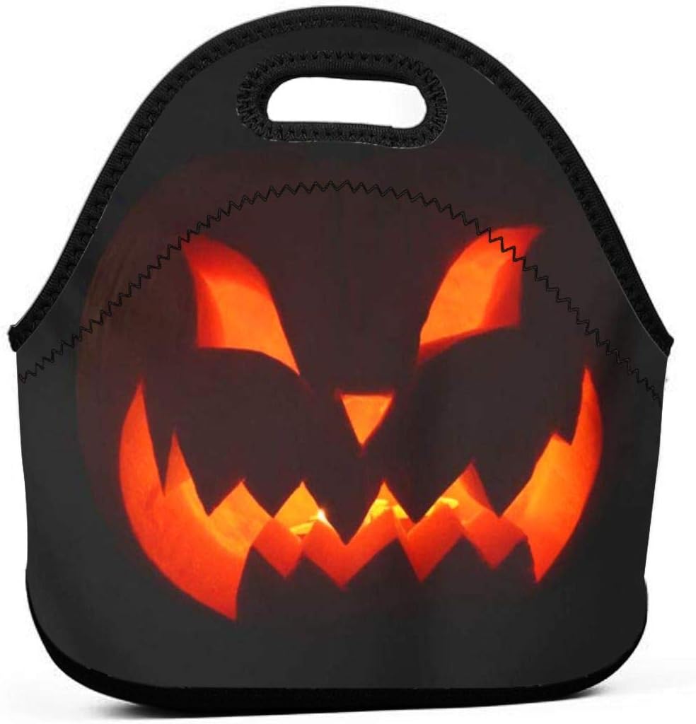 BJjiayu Insulated And Reusable Lunch Bags Tote Bag For Womens Men,Small Lunch Box Orange Autumn Scary Jack O Lantern Yellow Black Blank Candle Carving Crop Dark