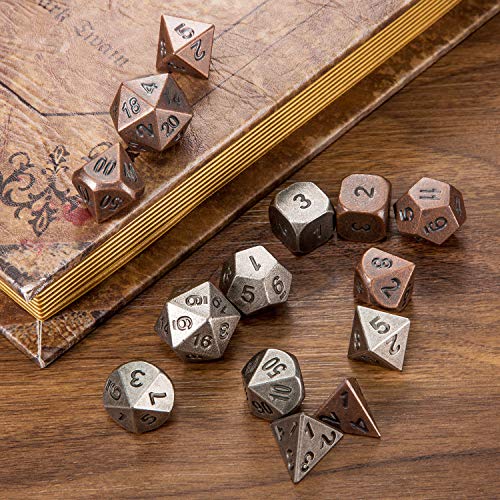 Jovitec 14 Pieces Metal Solid Zinc Alloy Game D&D Dices Set Durable Polyhedral Dice with Printed Numbers and Velvet Storage Bags for Game, Dungeons and Dragons, RPG, Math Teaching (A)