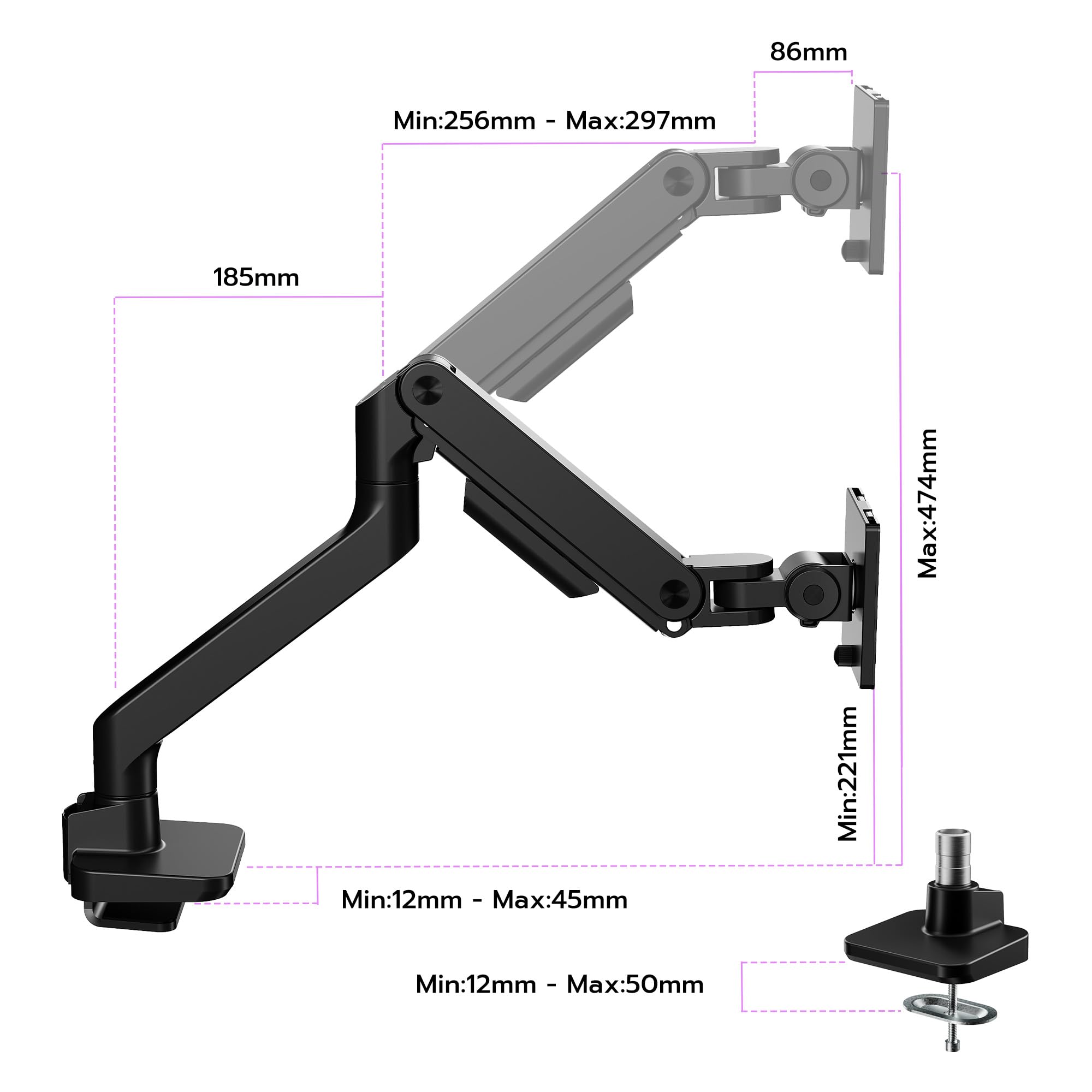 ARES WING Monitor Halterung für 17 bis 49 Zoll Bildschirme, Monitor Arm mit Gasfeder, Verstellbarer Monitorständer für 20Kg Computer Bildschirme, Monitorhalterung VESA 75/100 mm,Schwarz 7