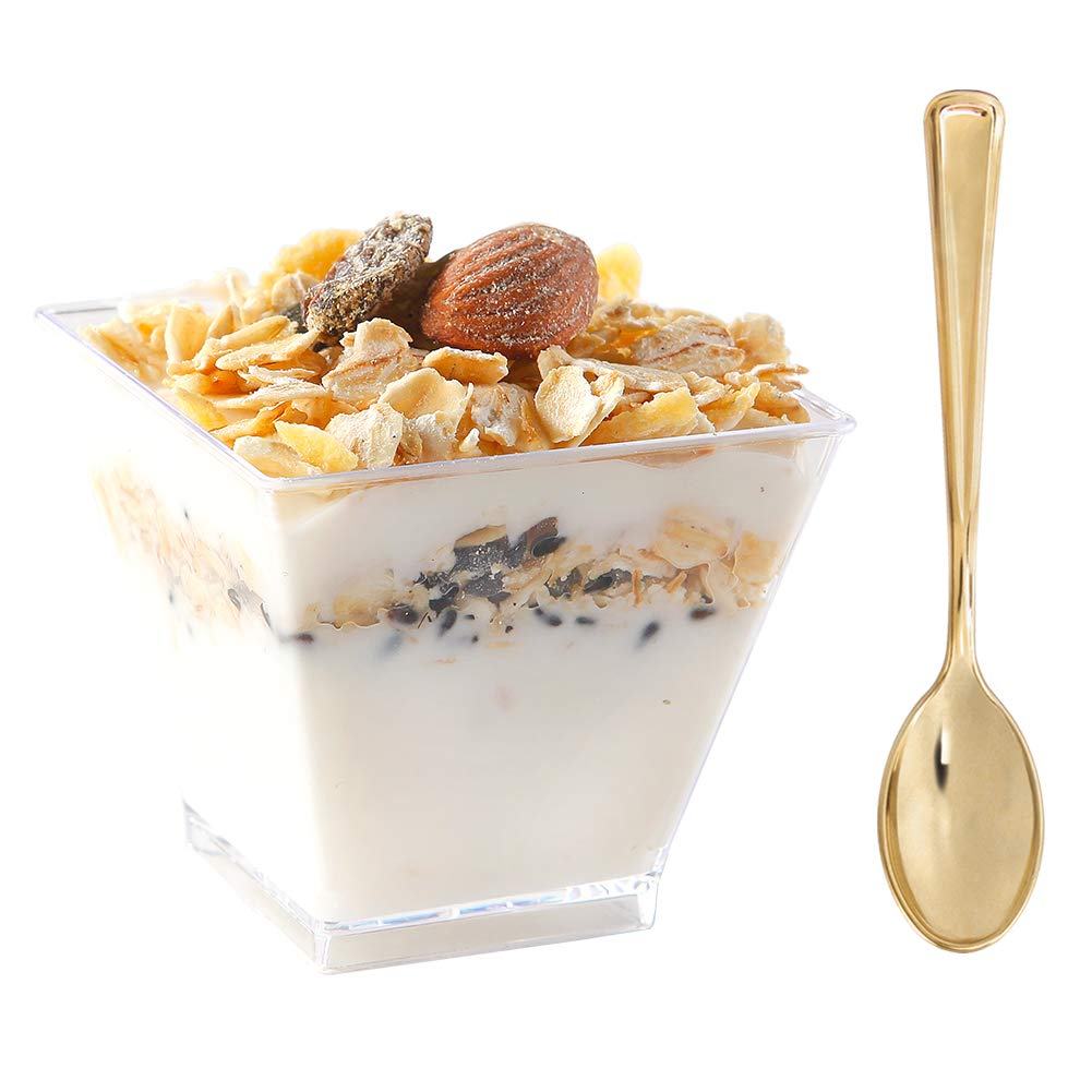 Photo 1 of supernal 2oz Square Plastic Mini Dessert Cups with Gold Spoons,Parfait Appetizer Cup,100pcs Cups,100pcs Gold Spoons,Perfect for Birthday,Party,Wedding