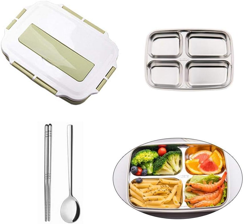 Roebii Lunch Box For Kids,Leakproof Bento Box 4 Compartment Stainless Steel Insulated Lunch Box,Multi-Plate With Tableware Can Be Poured Into The Lunch Box Student Adult Rectangular Lunch Box