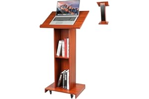 Vakiorn 47.2IN Wood Podium Stand with 2-Tier Shelve and Reserved Wire Hole, Wooden Lectern with 4 Wheel, Wooden Standing Pulpit for Office School Home Conference Restaurant Meeting