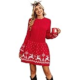 SunnyMelody Womens Christmas Sweater Crew Neck Dress Reindeer Snowflake 2025 Cable Knit Long Sleeve Sweater Dresses