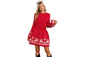 DancingYarns Womens Christmas Sweater Dress Reindeer Snowflake Cable Knit Crew Neck 2025 Long Sleeve Sweater Dresses