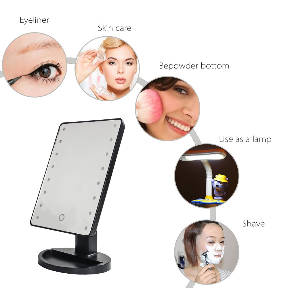 Makeup Mirror - 16 LED Touch Screen Tabletop Vanity Cosmetic Mirrors with Removable 10X Magnifying Mirror Dimming to Adjustable Brightness Power by USB (Black)