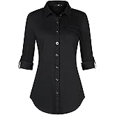 DJT Womens Button Down Shirts Fall Tops Soft Knitted Stretchy Roll Up Long Sleeve Dressy Casual Shirt Work Blouse Top