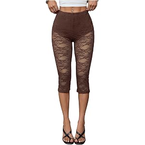 Milumia Women's Lace Capri Leggings High Waist See Through Cropped Pants | 3/4 Length,Elastic Waist,Skinny,Rave Outfits,Conce