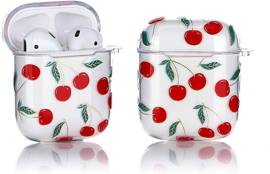 LKDEPO Clear Airpods Silicone Case and Cute Skin, Smooth PC Shockproof Cover Case Compatible for Airpods 1&2 (Variety of Pattern Designed for Girls and Womans)- Cherry