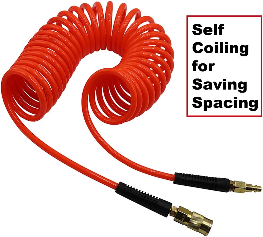 YOTOO Polyurethane Recoil Air Hose 1/4 in by 25 ft with Bend Restrictor, 1/4" Industrial Quick Coupler and Plug, Red - - 