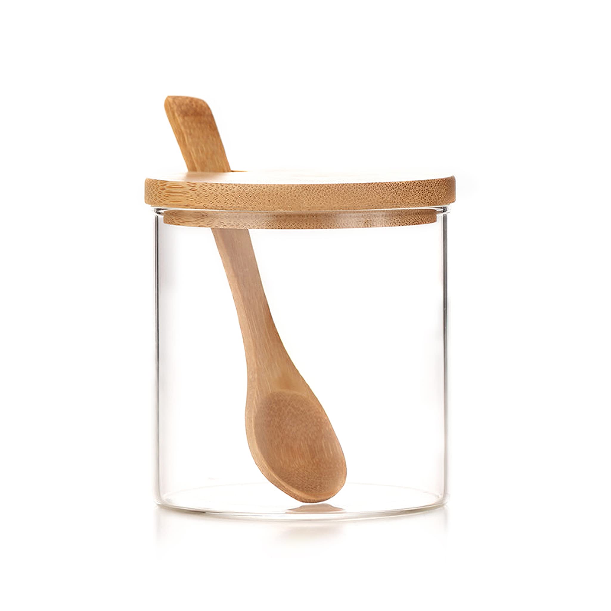 INCETUE 1pcs Condiment Pot, Seasoning Containers box, Glass Jar with Bamboo Lid, Cute Suger Bowl, Salt Container with Wooden Spoon, 10oz Spice Pepper Storage Canister for Kitchen and Home