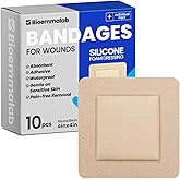 Large Waterproof Bandages 4x4 Silicone Foam Dressing for Sensitive Skin Wound Care, Adhesive Cohesive Pad with Border for First Aid, 10 PCS, Post Surgical and Trauma Care, Burn