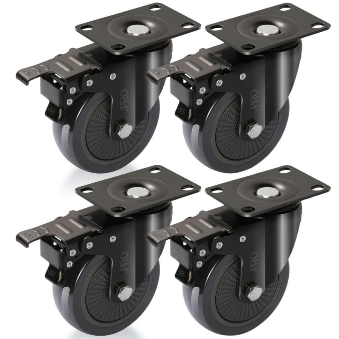 .PRO Heavy Duty 600kg 100mm Swivel Trolley Caster Wheels (Black) - Industrial Strength Furniture Moving Casters with Screws, Bolts, Locking, Non-Marking (All Wheels With Brakes)