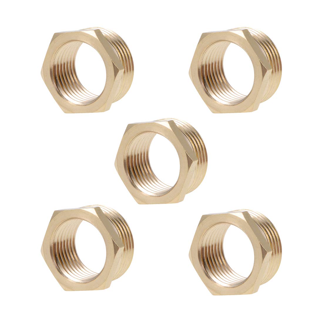 sourcing map Brass Threaded Pipe Fitting G3/4 Male X G1/2 Female Hex Bushing Adapter Connector 5Pcs