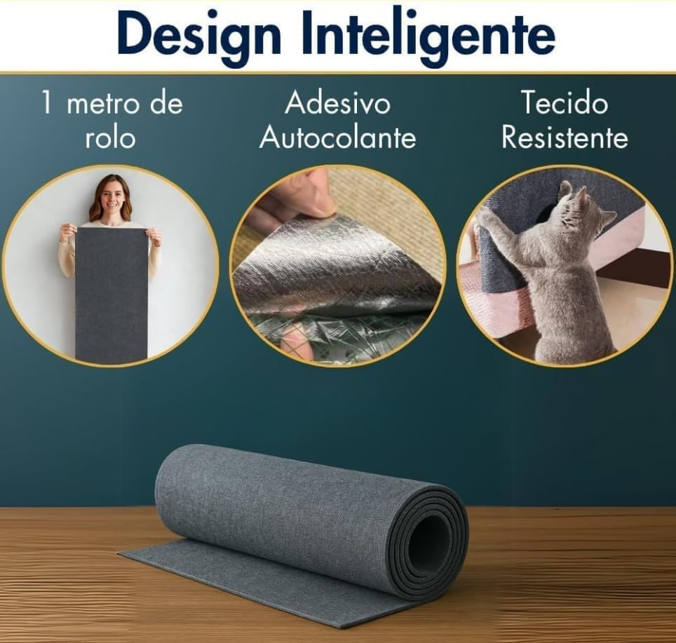 Tapete Arranhador Autoadesivo Premium para Gatos 60x100cm Carpete Resistente Cortável Protetor de Sofá Parede Cama Evita Arranhões Fácil de Aplicar (Preto)