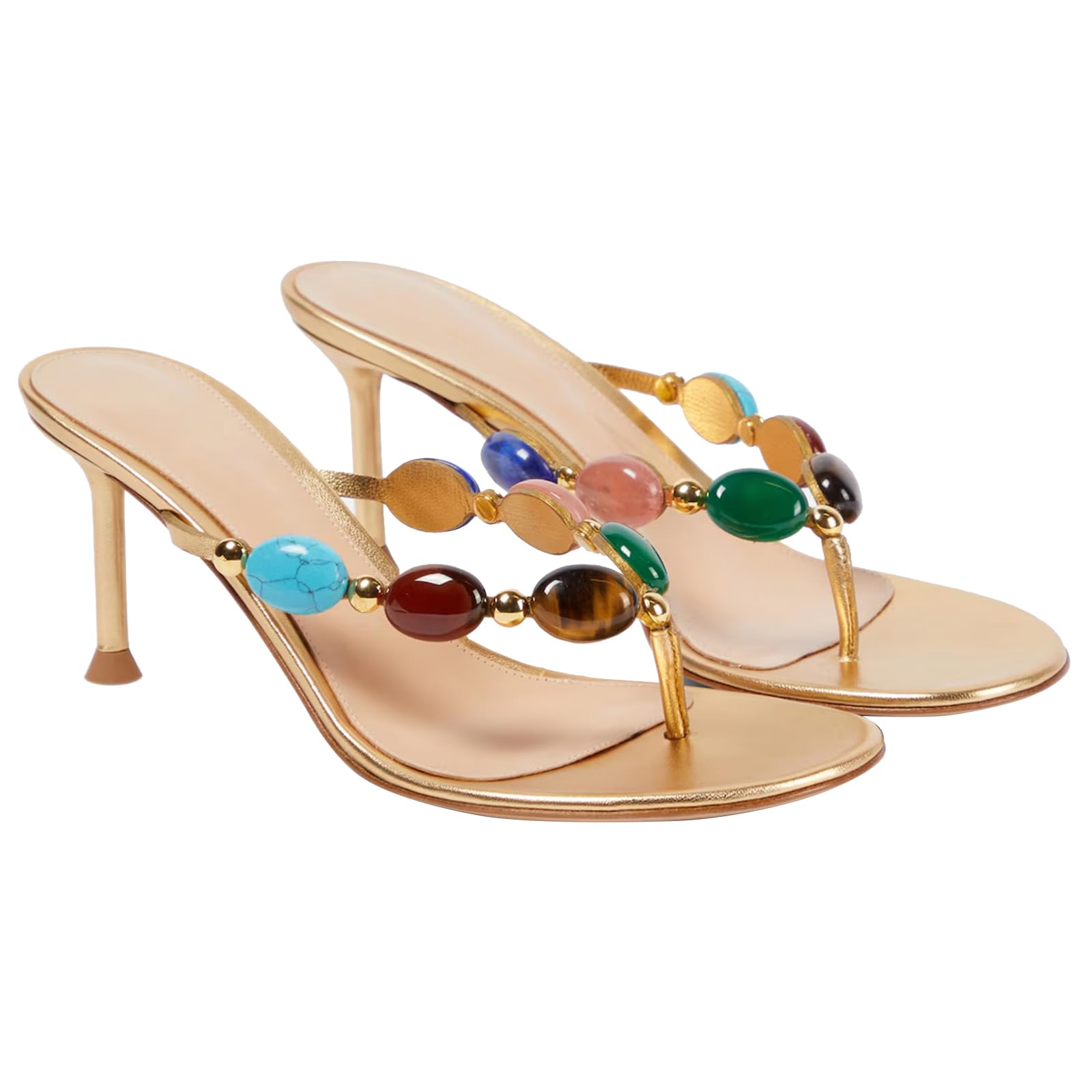 Photo 1 of Oakmoo Women's Jeweled Thong Strappy Sandal Summer Mules Kitten Heels Flip Flop Round Open Toe Mid Heels Fashion Wedding Party Dress Thong Casual Shoes