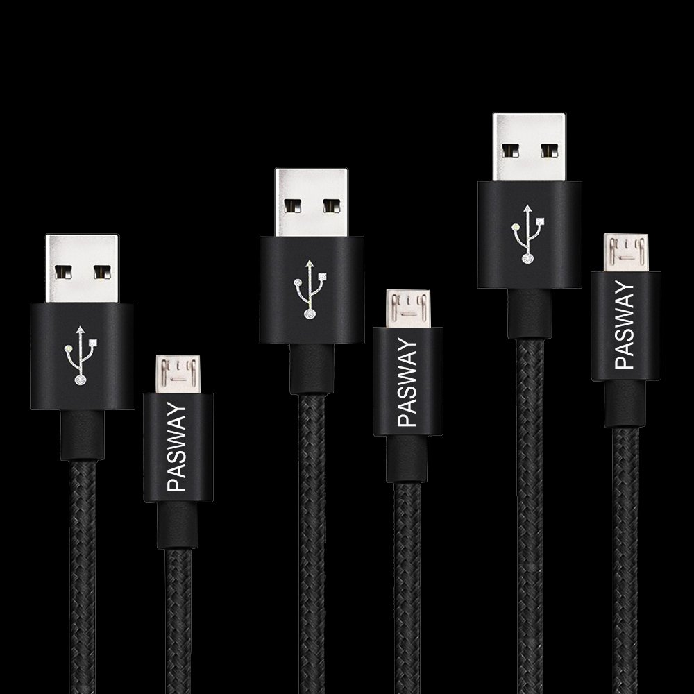 pasway 3Pack (3ft/1m 6ft/2m 10ft/3m) Micro USB Cable Nylon Braided Sync Charging Cord Wire Universal for Samsung, HTC, Motorola, Nokia, Android, and More Smartphone & Tablets (Black)