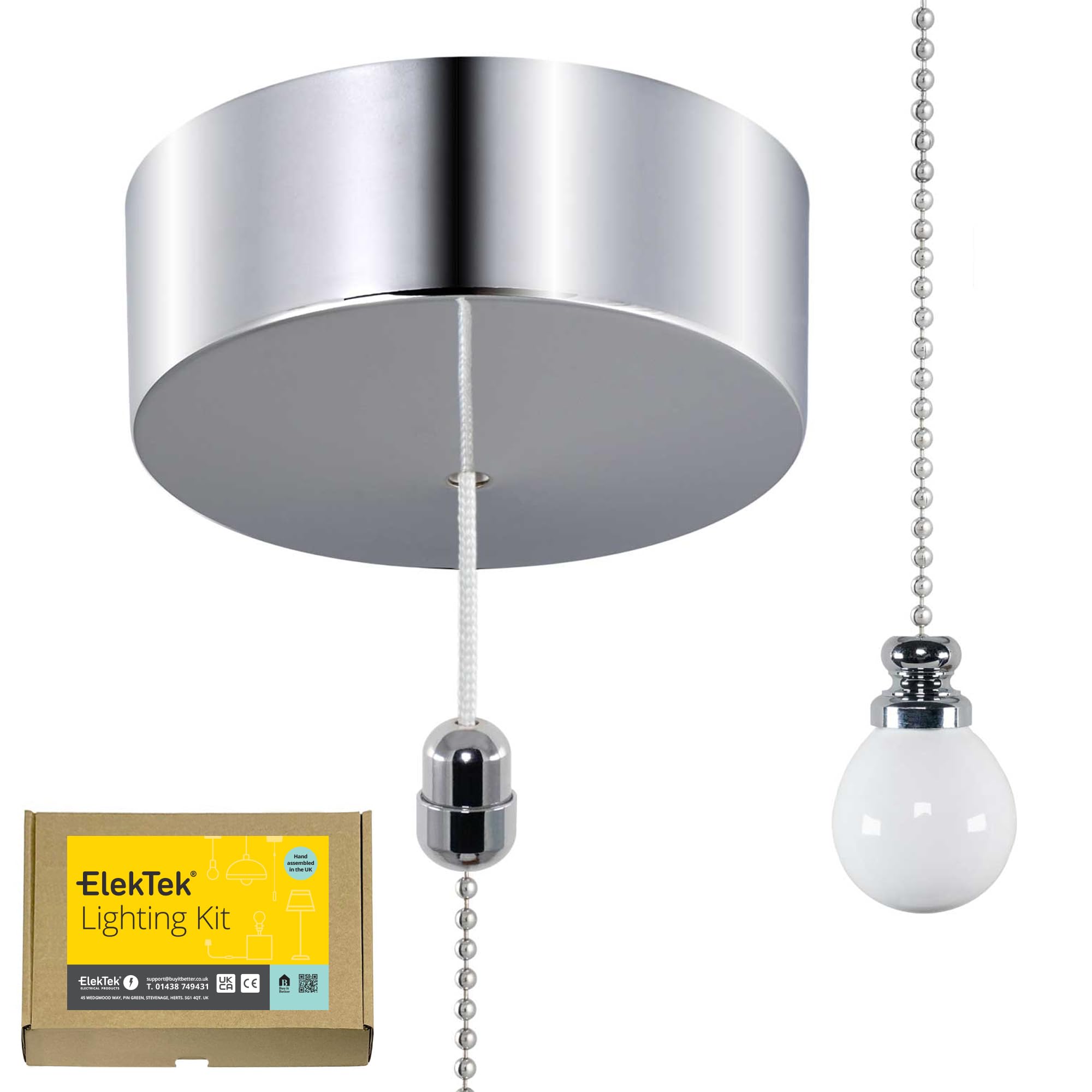 ElekTek UK Safety Approved Chrome Bathroom Light Pull Switch Kit White Ceramic Ball Fob Handle, EN 60669-1 & CE Mark, Metal Plated, Earth Terminal, 6A 250V, 1 or 2 Way use, Full Wiring Instructions