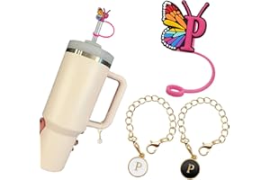 KRIKLAR （1+2）Butterfly Straw Cover for Stanley Cup 30&40 Oz 10mm Straw Topper with 2PCS Stanley Cup Accessories Letter Charms Name ID Initial Letter Handle Personalized Charm For Stanley Tumbler (Letter P)