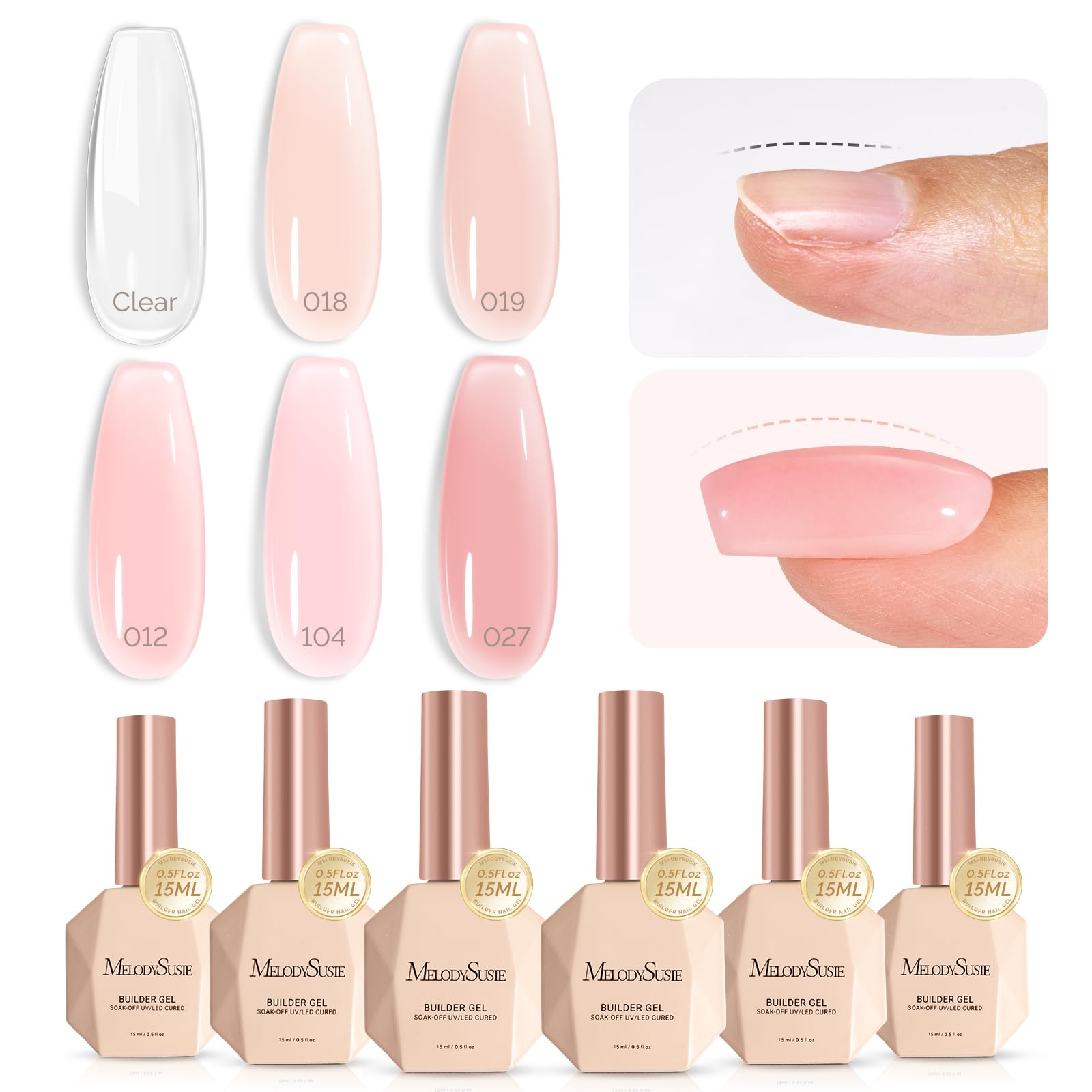 MelodySusie Builder Gel Nail Set for Nails Thickening,6 Colors 15ML Nude Pink Base Colors Clear Rubber Base Gel Polish,Soak Off UV Extension,Rhinestone Nail Glue in a Bottle Gift for Women Image