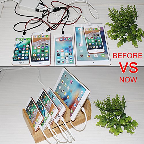 BEEBO BEABO Large Bamboo Multi Devices Charging Station Dock Organizer Desk Docking Rack Station Storage Container for Watch Phone Tablet(7-Slot Natural Bamboo)