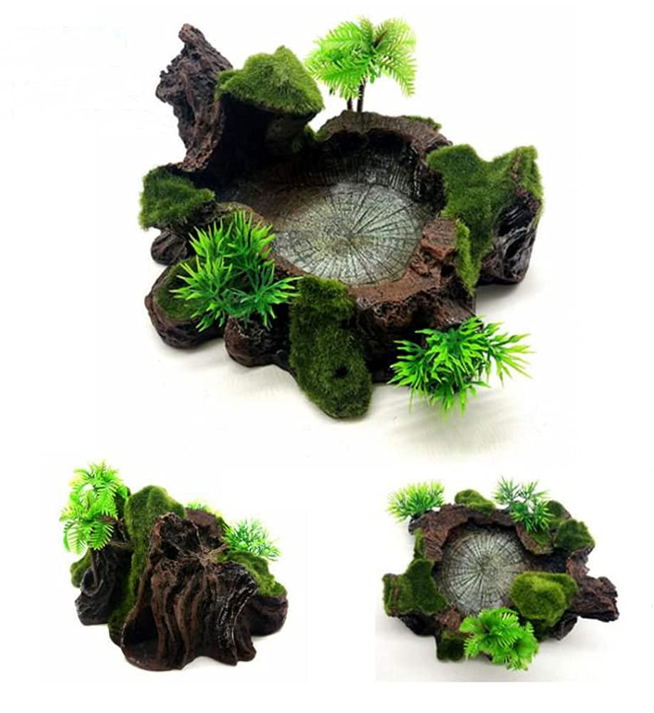 Tikwisdom Reptile water bowl, resin reptile platform designed by rocks and trees, habitat, decorative glass container, water tank decoration