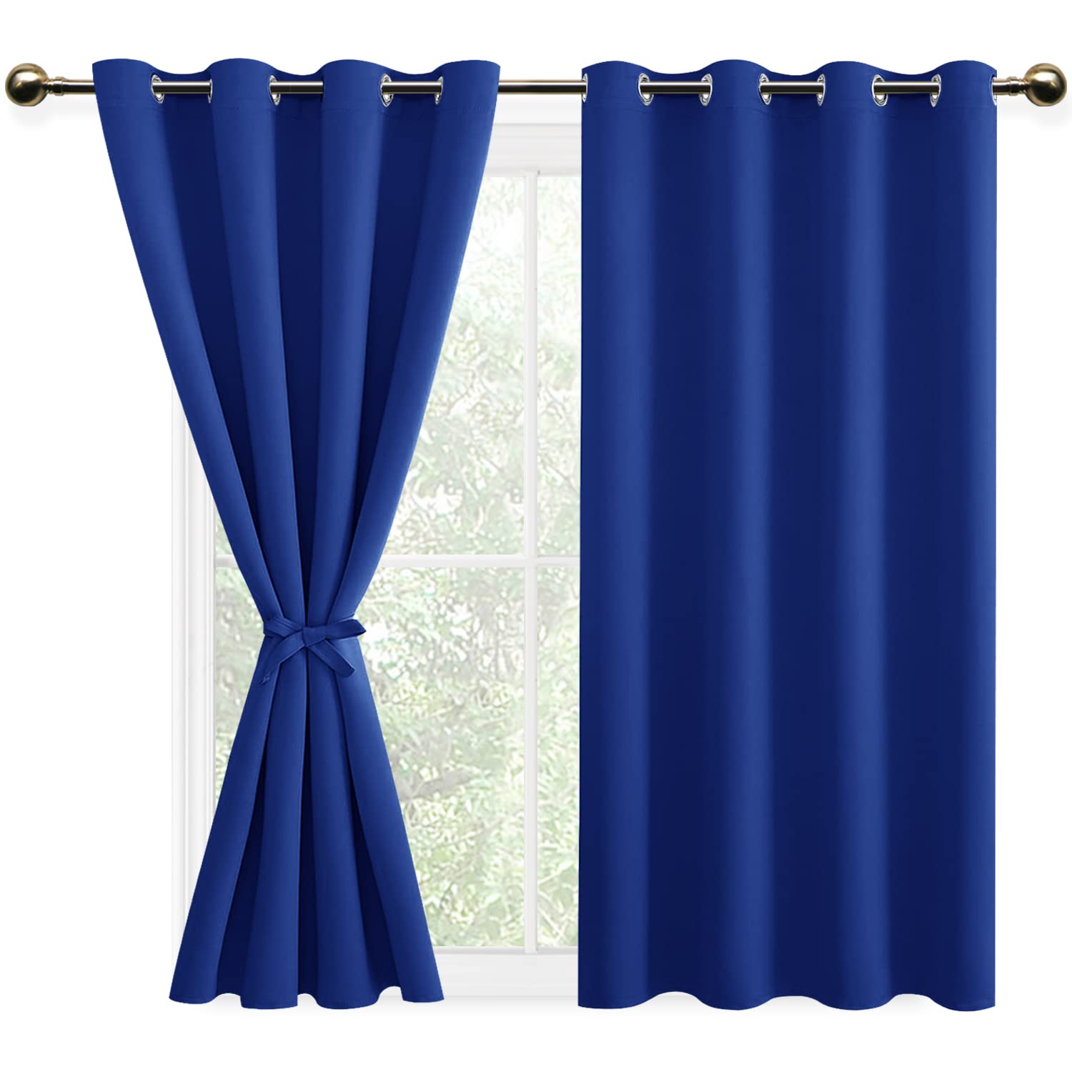 DWCN Blue Blackout Curtains with Tiebacks for Bedroom Thermal Insulated Solid Eyelet Curtains for Living Room,2 Panels,52" Wide x 54" Drop