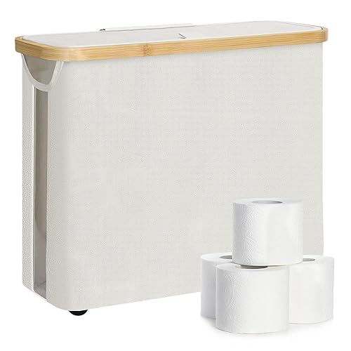 SITAKEGS Toilet Paper Basket, Bamboo Toilet Roll Storage Bathroom Toilet Roll Standing holder with Lid, Large Toilet Paper Basket Cabinet for up to 12 Mega Rolls White Oxford Toilet Paper Organizer