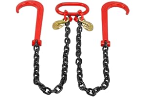 TBAPFS 3/8" Grade 80 V-Type Transport Tow Chain w/15 J-Hooks 3 Ft Long Shank Legs for Flatbed Truck Tie Trailer Tractor Car Wrecker Tow Chain,7100 Lbs Working Load Limit,G80 Steel Bridle,Black+Red