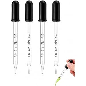 Calibrated Glass Droppers, 4 Pack 1 mL, Straight & Bent Eyedroppers with Measurement Scale, Precision Pipette for Essential O