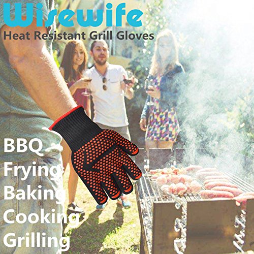 BBQ Glove - Grill Gloves Heat Insulated Oven Mitts Silicone Waterproof Glove Heat-Resistant Potholders for Smoker Baking Cooking Fireplace Welding - Barbecue Grilling Gloves Mitt (One Pair) - Thumbnail 4