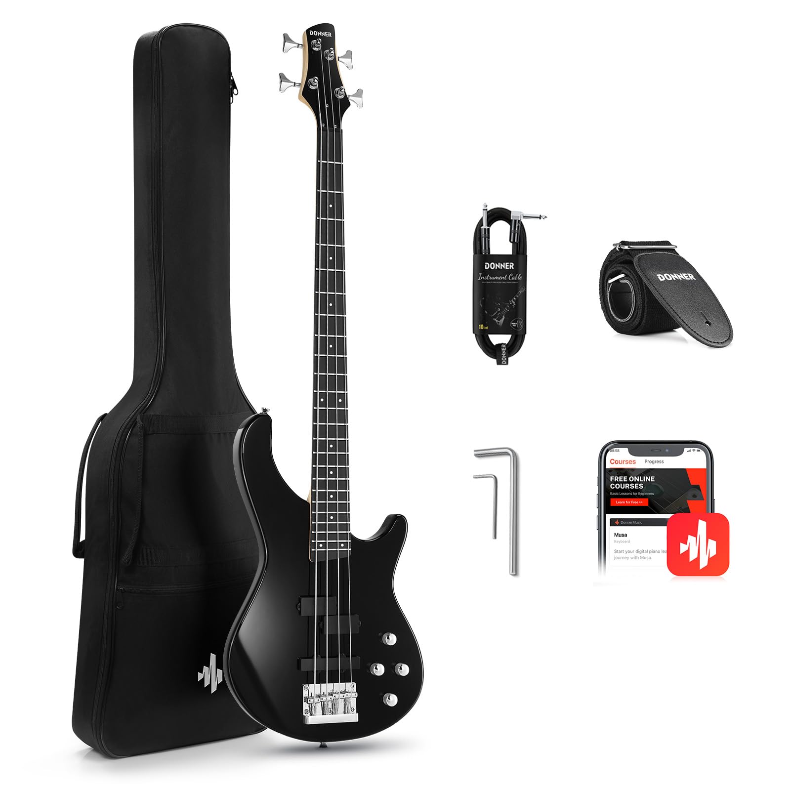 Donner Electric Bass Guitar 4 Strings Full-Size Standard Bass PJ-Style Electric Bass for Adults with Free Online Lesson, Gig Bag Guitar Strap and Guitar Cable Included, DPJ-100, Black Image