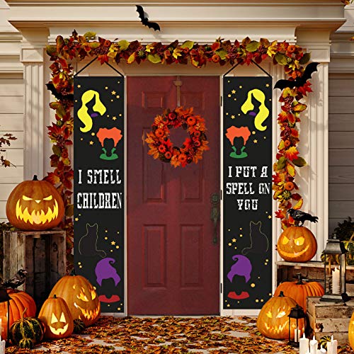 Happy Storm Halloween Decorations Hocus Pocus Banner I Smell Children Halloween Porch Sign Door Hanging Sign with Witch Sisters Black Cat Decor for Home Indoor Outdoor Wall Party Supplies