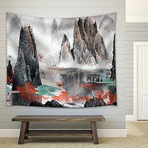 Chinese Landscape Misty Mountains and Water - Fabric Wall Tapestry Home Decor - 51x60 inches