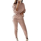 Molisry Women Cable Knitted 2 Pieces Outfits Long Sleeve Sweater Pullover Top Long Pants Lounge Sets Autumn Winter