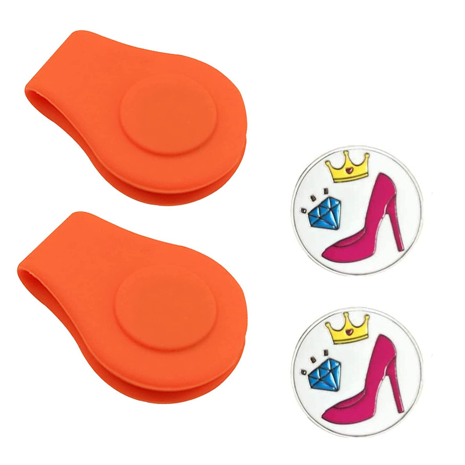 AMRTA Silicone Golf Hat Clip Holder 2 Pcs with 2 Ball Markers Magnetic for Putting Green, Personalised Golf Accessory Gifts for Golfer Men Women Ladies (ORANGE + HIGH HEEL)