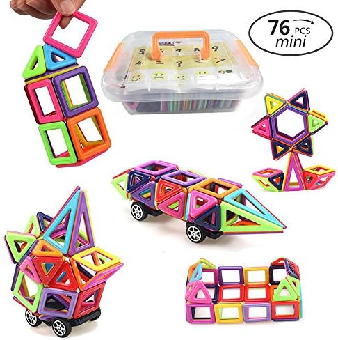 URXTRAL 76 Pieces Mini Magnetic 3D Building Blocks, Construction Building Magnet tiles set, Creative and Educational Magnetic Stacking Toy Gift for Kids with Storage Box &amp; Instruction Booklet