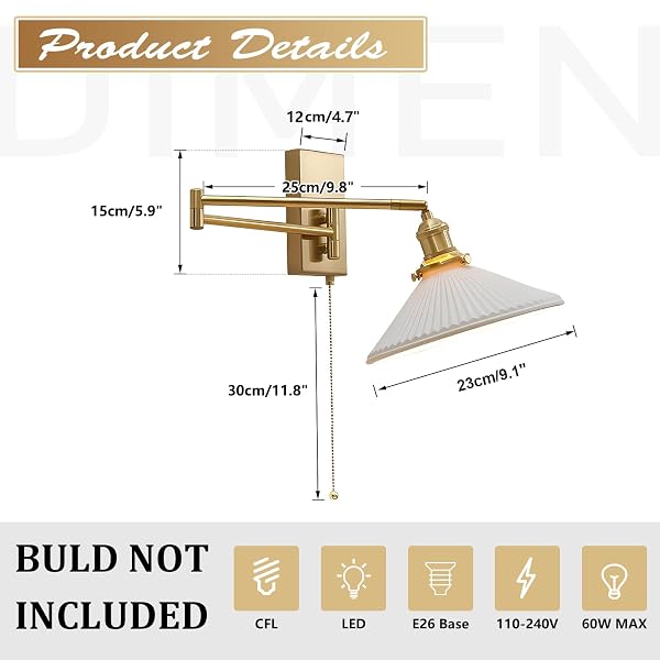 MAGIROZ WALL SCONCES SET OF 2 BRUSHED GOLD WALL MOUNTED SWING ARM LIGHT FIXTURE RETRO INDUSTRIAL HARDWIRED WALL LAMPS WITH PULL CHAIN BATHROOM VANITY SCONCES WALL LIGHTING INDOOR WALL LIGHTS MWL14A-2