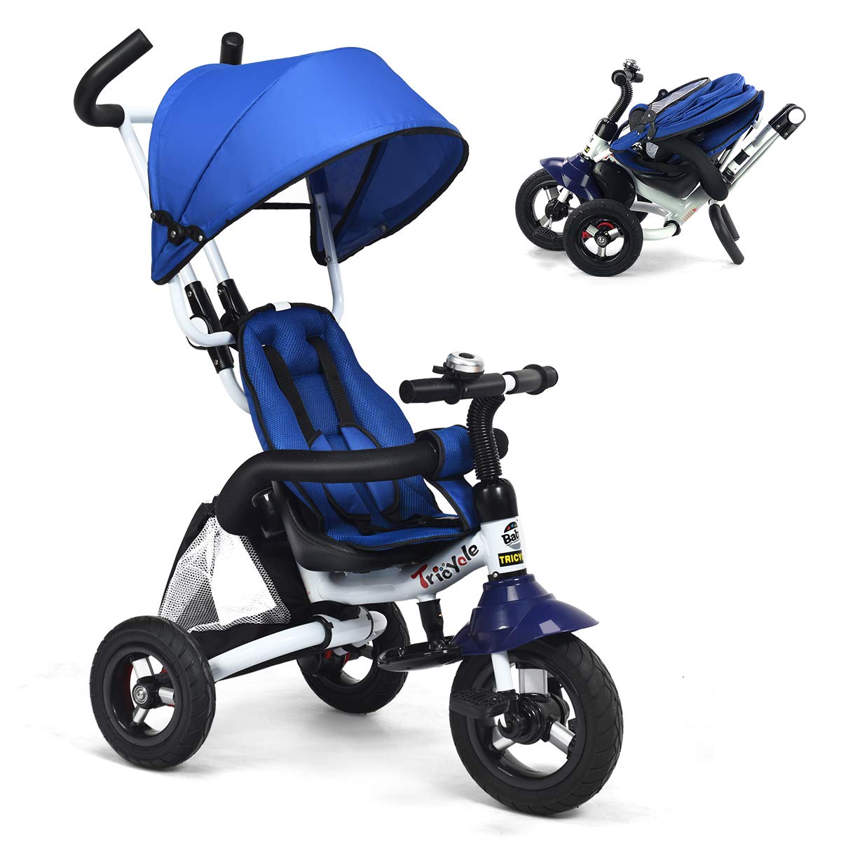 Costzon Baby Tricycle, 6-in-1 Foldable Steer Stroller, Learning Bike w/Detachable Guardrail, Adjustable Canopy, Safety Harness, Folding Pedal, Storage Bag, Brake, Shock Absorption Design