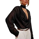 SHENHE Women's Cowl Neck Blouse Long Sleeve Draped Sexy Dressy Sheer Blouse Top with Scarf