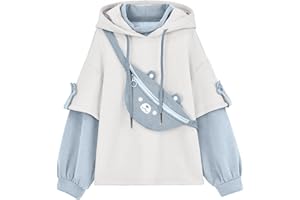 Attine Cute Bear Hoodies for Womens Kawaii Brown Sweatshirt Patchwork Long Sleeve Pullover Costume with Personality Bag