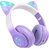 FLOKYU Kids Wireless Headphones LED Light up Cat Bluetooth Headphones, Color Changing Cat Ear Wireless Headsets with Microphone for Kids/Girls/School/Christmas (Purple Pro)