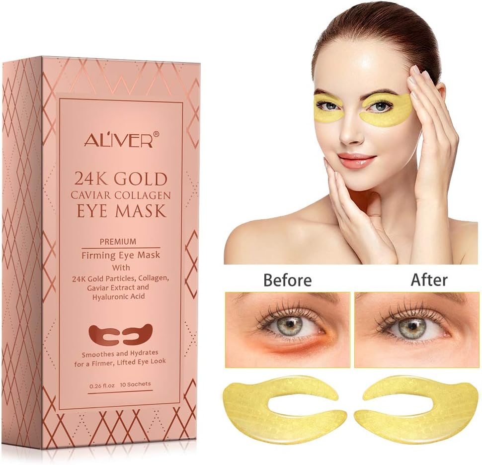 ALIVER Gold Collagen Eye Patches, Under Eye Mask, 24k Gold Eye Gel Pads for Puffy Eyes, Bags, Dark Circles, Wrinkles, Anti Aging Eye Pads,