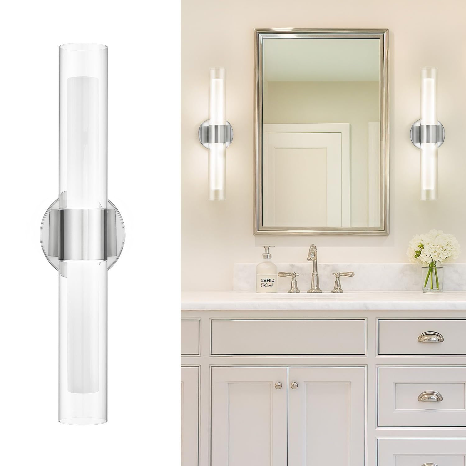 Photo 1 of kudos Brushed Nickel Bathroom Sconces Wall Lighting, Vanity Light for Bathroom, Modern Wall Lights with Clear Glass and Frosted Glass, 3000K/4500K/6000K Adjustable, KDVL06-BN-2