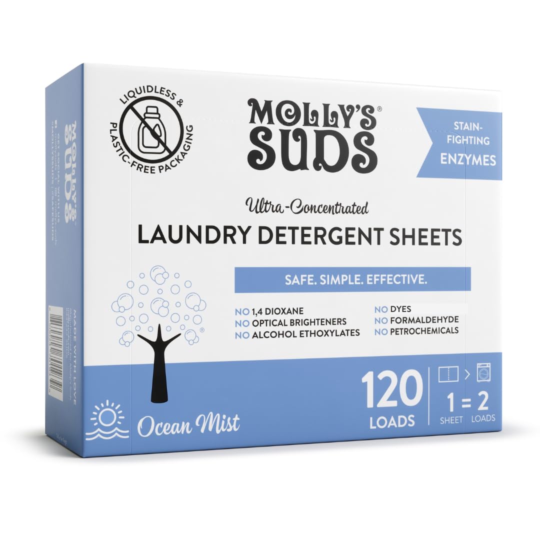 Molly’s Suds Laundry Detergent Sheets | Gentle on Sensitive Skin, Powerful Bio-Based Enzymes, Stain-Fighting | Liquidless & Plastic-Free Packaging | 120 Loads (Ocean Mist)